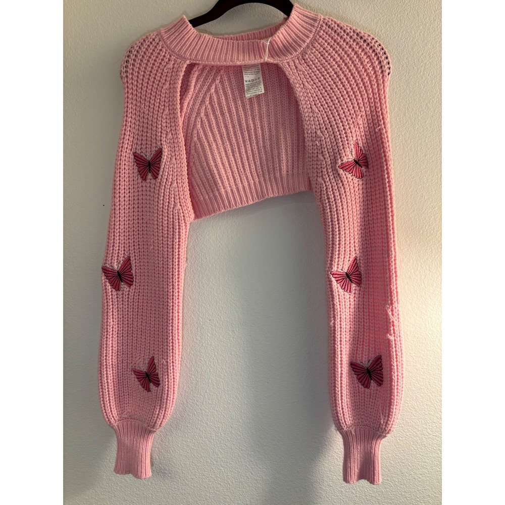 Pink Butterfly Embroidered Super Cropped Shrug Chunky Knit Sweater Y2K